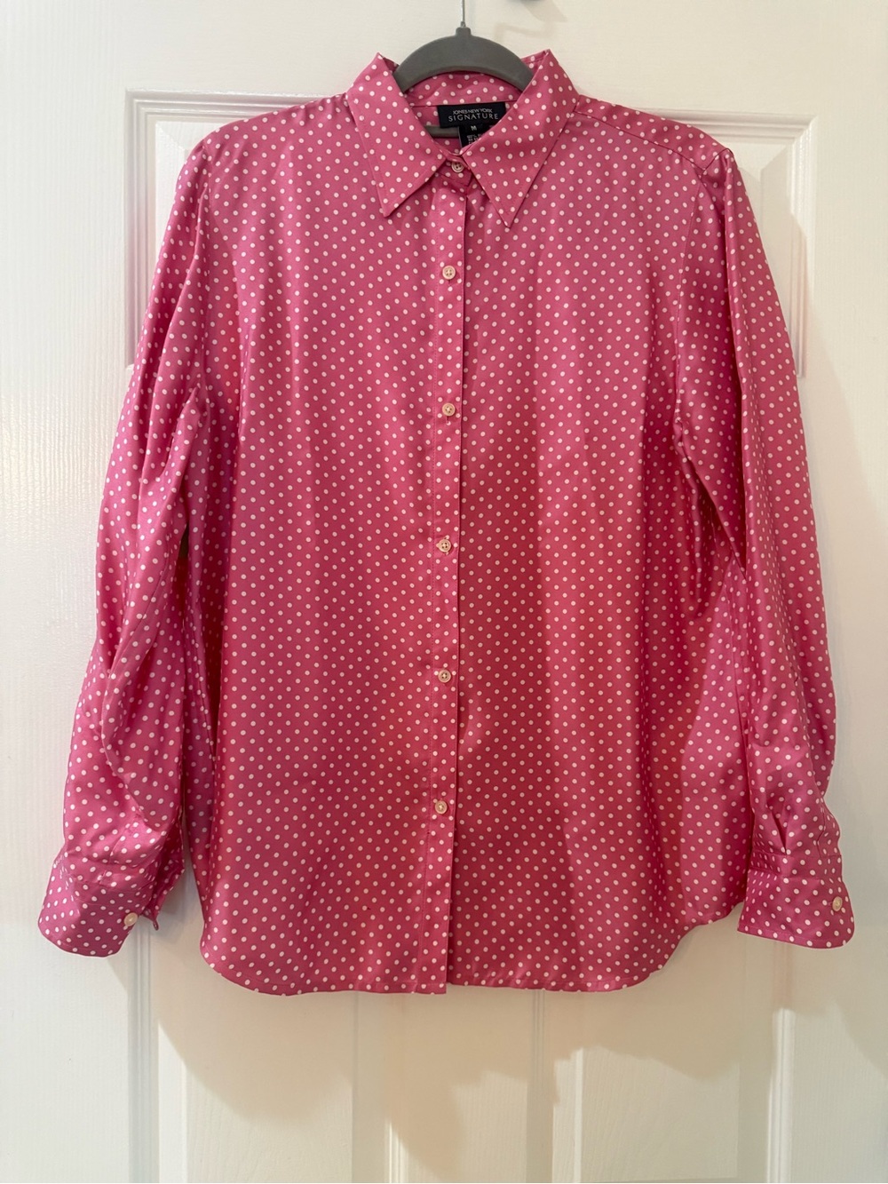 Jones New York 100% Silk Pink Polka Dot Button-Up Blouse
